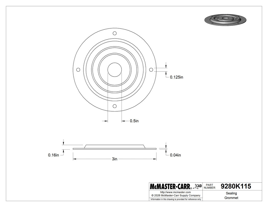Technical Drawing of Sealing Grommet, with 3" Diameter Flange, 0.5" ID.